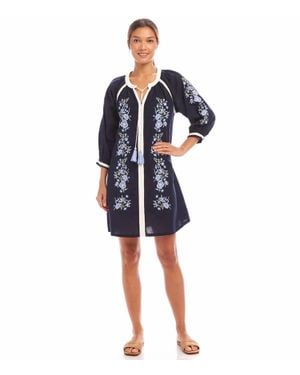 Karen Kane Basilia Blouson Sleeve Embroidered Mini Peasant Dress - Blue