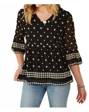 Hayden LA Tulip Sleeve Embroidered Border Blouse - Black
