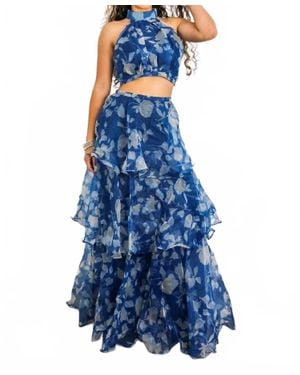 SurelyMine Tiered Ruffle Two-Piece Set Halter Crop Top & Maxi Skirt - Blue