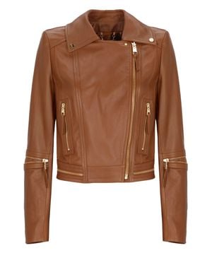 Elisabetta Franchi Cropped Leather Jacket With Decorative Zippers - Brown