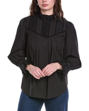 Rebecca Taylor Applique Lace Poplin Top - Black