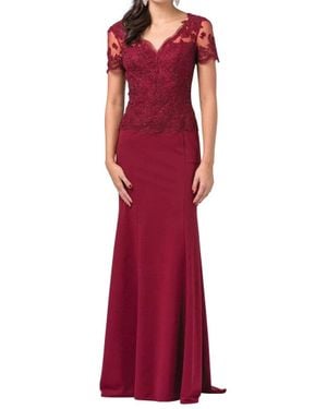 Dancing Queen Short Sleeve Jeweled Appliqued Illusion Gown - Red