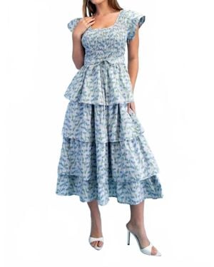 Gigio Floral Tiered Elastic Waist Midi Dress - Blue