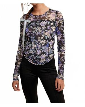Listicle Floral Print Mesh Fitted Long Sleeve Top - Black