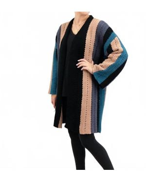 Pol Chenille Feel Striped Bell Sleeve Cardigan - Black