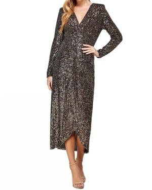 See And Be Seen Long Sleeve Sequin Faux Wrap Dress - Black