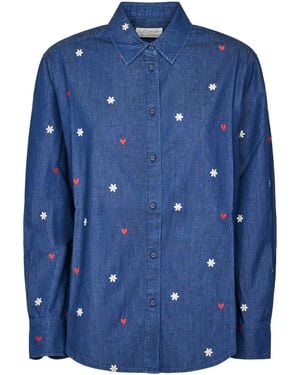 MC2 Saint Barth Button-Up Chambray Shirt With Floral And Heart Embroidery - Blue