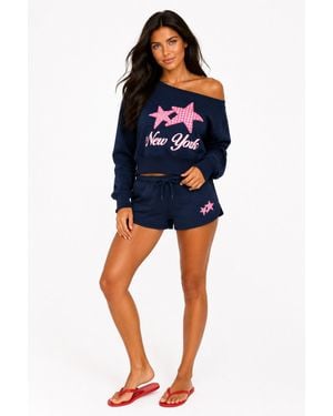 Forever 21 Graphic Fleece Drawstring Shorts - Blue