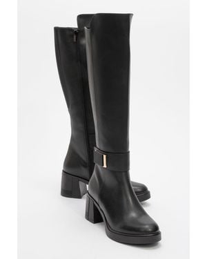 Prologue Shoes Moreni Stretch Buckle Block Heel Knee High Boot - Brown