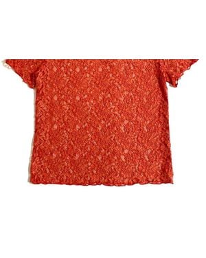 Hinge See Through Sheer Short Sleeves Lace Top - Red