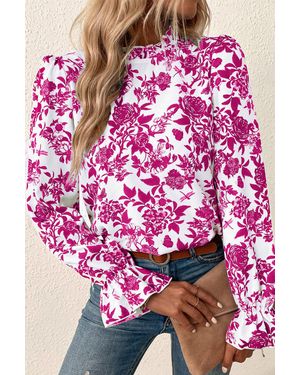 TRUEDAMES Floral Print Flounce Sleeve Keyhole Back Blouse - Pink