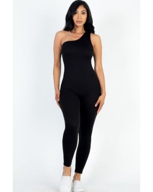 TRUEDAMES Solid Color One Shoulder Jumpsuit - Black