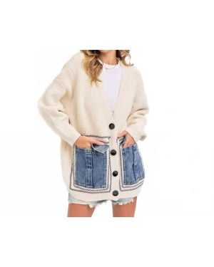 BNS Knit Sweater Cardigan With Denim Pockets - Blue