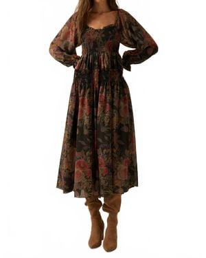 Promesa Floral-Print Smocked Bubble Sleeve Maxi Dress - Brown