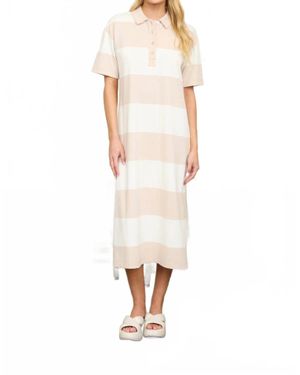 JOA Wide Stripe Collared Short Sleeve Midi Shirt Dress - White