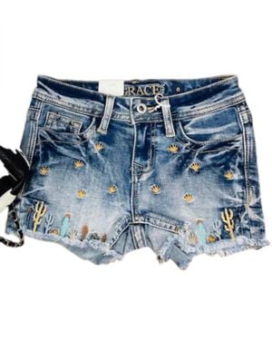 Grace In La Girl's Cactus Embroidered Shorts - Blue