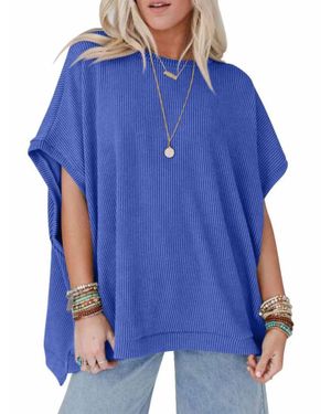 Wholesalesir Brynn Striped Knitted Loose Round Neck Bat Sleeve Top - Blue