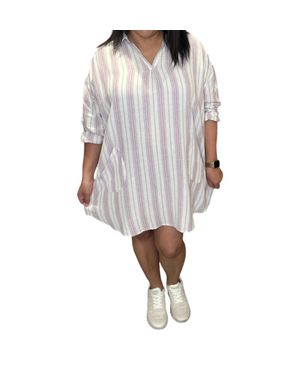 Easel Split Neck Cotton Tunic Dress - Gray