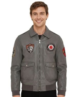 Infinity Leather Flying Leather Bomber G-1 Aviator Collar Jacket - Gray