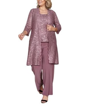 TRUEDAMES Metallic Lace Tank Top And Pant Set With Sheer Lace Jacket - Purple