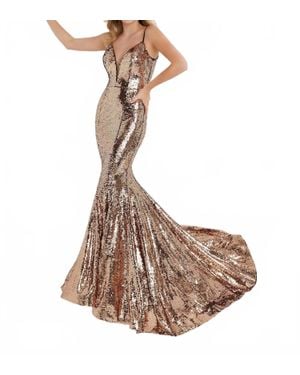 House of Wu Sequin V-Neck Mermaid Dress - Brown