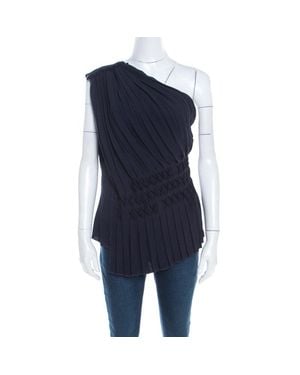 ESCADA Pleated Crepe Honeycomb Smocking Detail One Shoulder Nienke Top - Blue