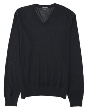 Tom Ford V-Neck Wool Sweater With Ribbed Details - Black