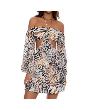 Luli Fama Animale Long Sleeve Cut Out Short Dress - Brown