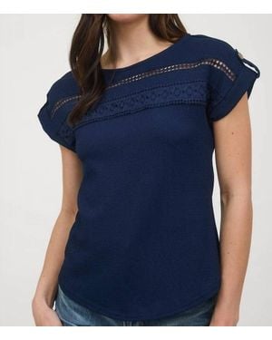 Blu Pepper Short Tab Sleeve Lace Trim Crinkle Knit Blouse - Blue