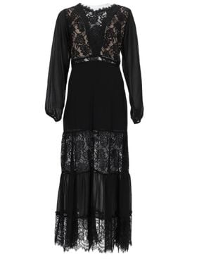 NJ COUTURE Midi Dress With Intricate Lace Detail And Sheer Sleeves - Black