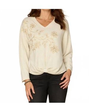 Democracy Embroidered Floral Knot Knit Top - Natural