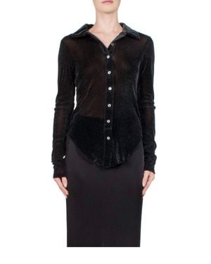 Priscavera Velvet Mesh Button Down Shirt - Black