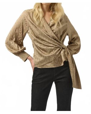 Joseph Ribkoff Animal Print Faux Wrap Long Puff Sleeves Top - Natural