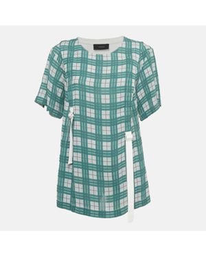 JOSEPH Checkered Cotton & Crepe Belt Detail T-Shirt - Blue