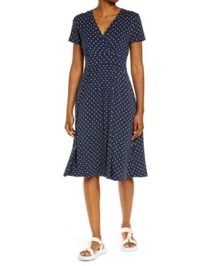 L.L. Bean L. L. Bean Summer Knit A-Line Dress Polka Dot V-Neck Buu938 - Blue