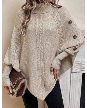 Masyal Cable Knit Button-Accent Poncho Sweater - Natural