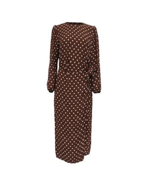 Reformation Reza Wrap-Effect Polka-Dot Crepe Midi Dres - Brown