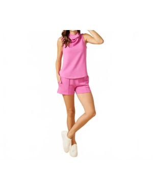 Softies Dream Tech Sleeveless Cowl Neck Top With Pin Tuck Shorts Set - Pink