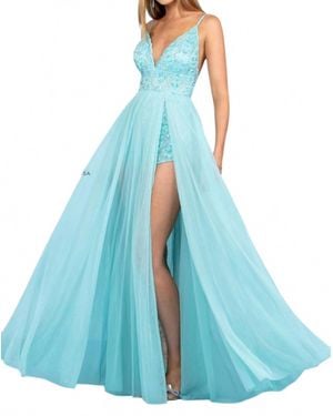 Scala V-Neck Floor-Length Tulle Prom A-Line Dress - Blue