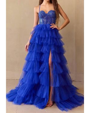 Amelia Couture Ruffled Long Prom Ball Gown - Blue