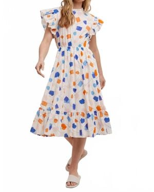 Fun 2 Fun Geo Print Ruffle Sleeve Dress - White