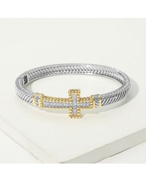 Fashnzfab 14K Plated Two Tone Cz Pave Cross Accent Hinged Bangle Bracelet - Metallic