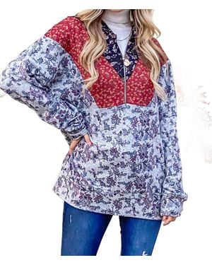 And The Why Floral Half Zip Up Hoodie Sweater - Blue