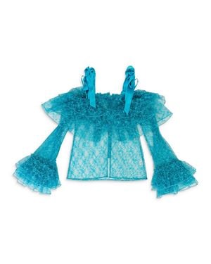 Rodarte Floral Lace Tulle Tiered Off The Shoulder Blouse - Blue