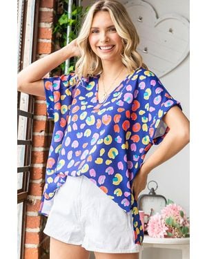 TRUEDAMES Printed V-Neck Short Sleeve Blouse - Blue