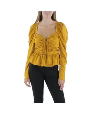 Aqua Tie Neck Gathered Off The Shoulder Top - Yellow