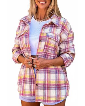 Shiying Fashion Plaid Print Rounded Hem Shirt Jacket - Red