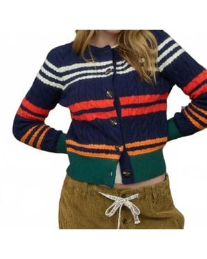 Blu Pepper Stripe Cable Knit Button Down Cardigan - Blue
