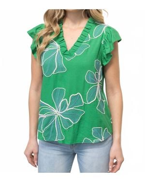 Voya Applique Floral Ruffle Top - Green