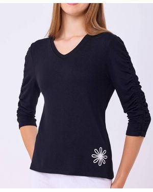 French Kyss V-Neck Top With Flower - Blue